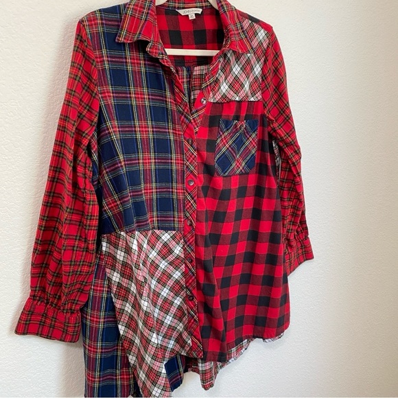 John Mark Red and Blue Plaid Flannel Patchwork Button Down Shirt Medium - Picture 2 of 9